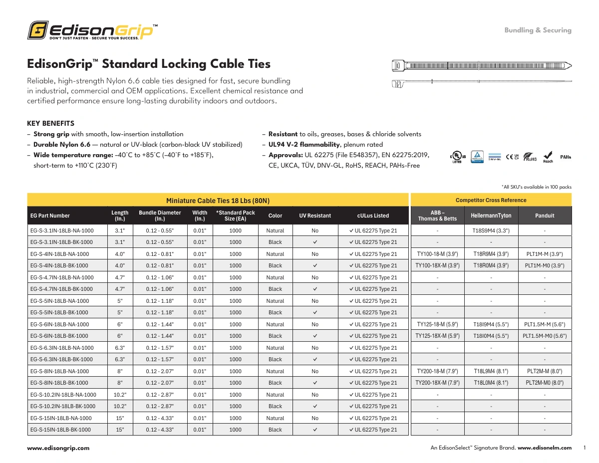 Standard Locking Cable Ties — specification sheet preview