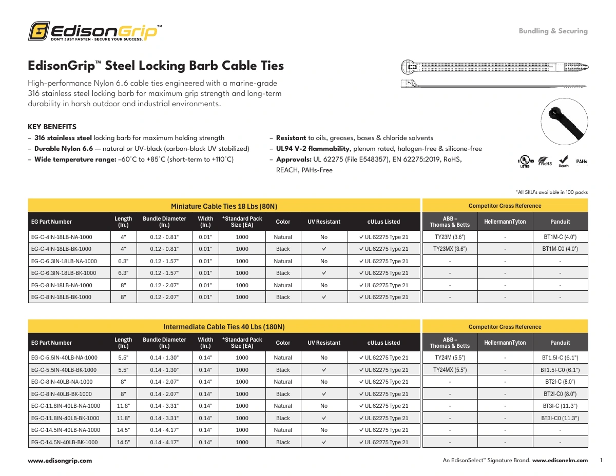 Steel-Locking Barb Cable Ties — specification sheet preview