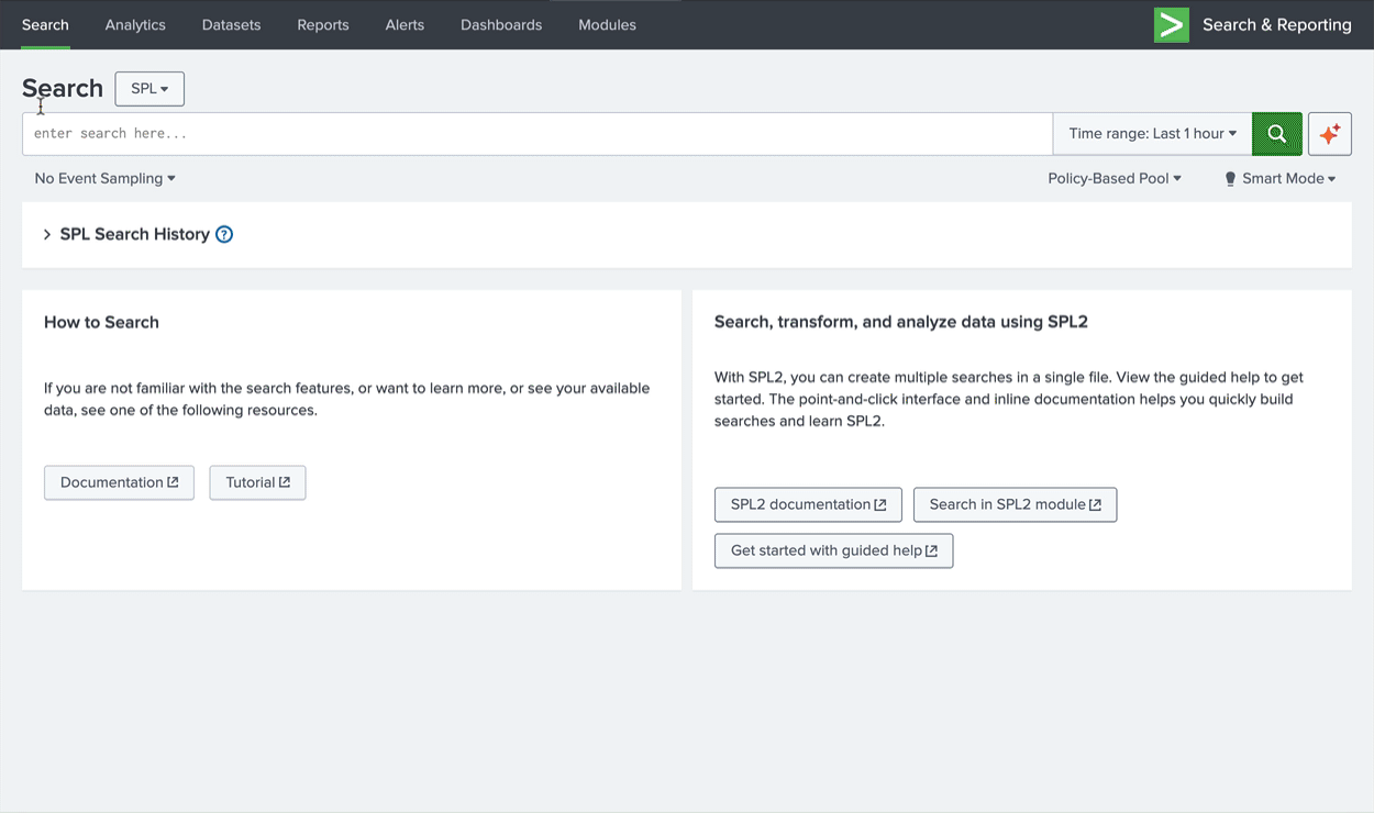Animation of the Splunk search page running SPL2 searches against data stored in Imply Lumi.