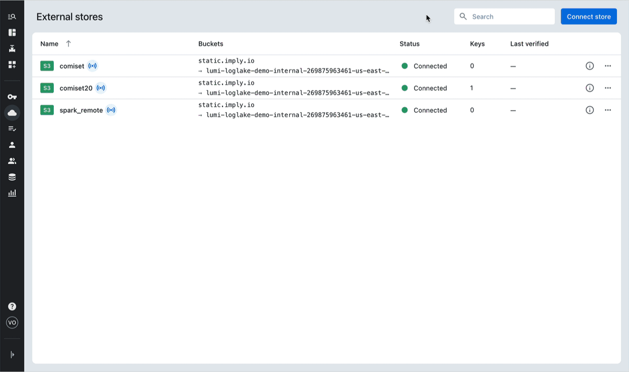 Animation of the Imply Lumi External stores screen listing three connected S3 stores.