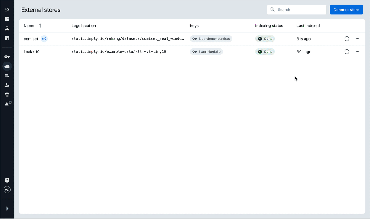 Animation of the Imply Lumi External stores screen listing two S3 stores with indexing status Done.