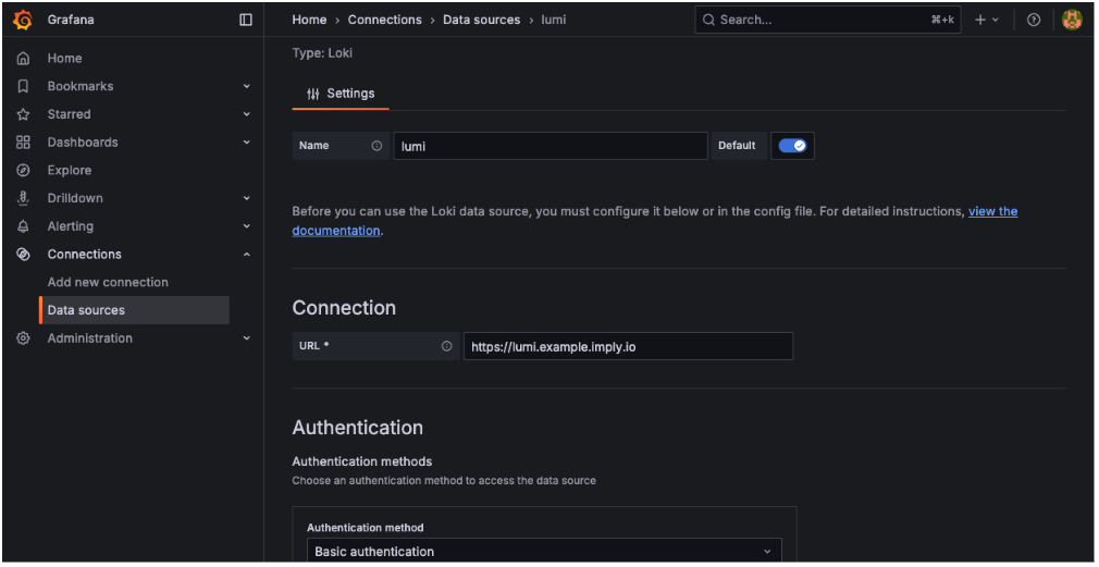 Grafana’s Loki data source settings page with the Lumi connection URL and the authentication method.