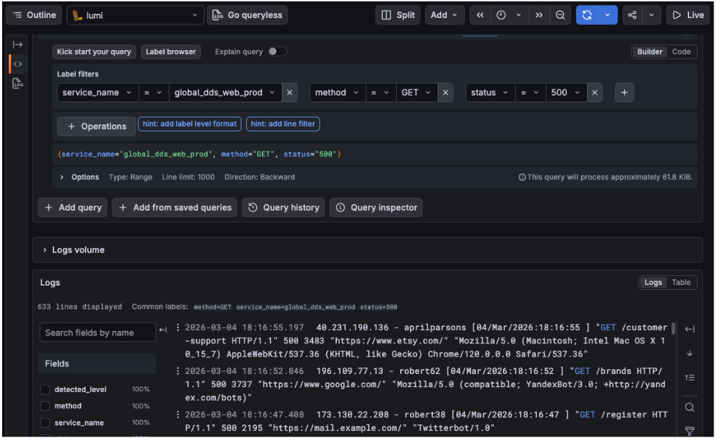 Grafana Explore view running a LogQL query against Lumi, with the matching log lines listed below.
