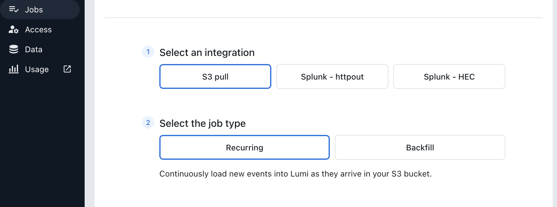 Imply Lumi job setup with the S3 pull integration and the Recurring job type selected, which continuously loads new events as they arrive in your S3 bucket.