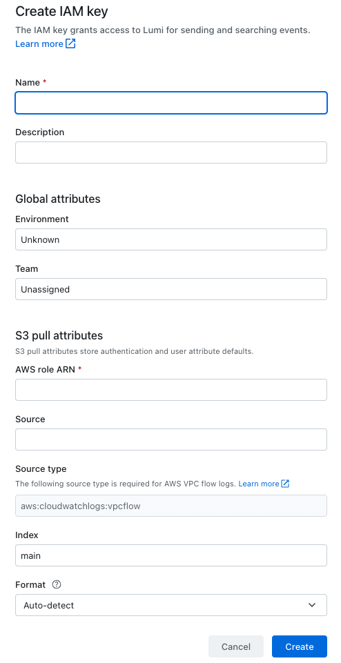 Imply Lumi Create IAM key form with name, description, global attributes, and S3 pull attributes.