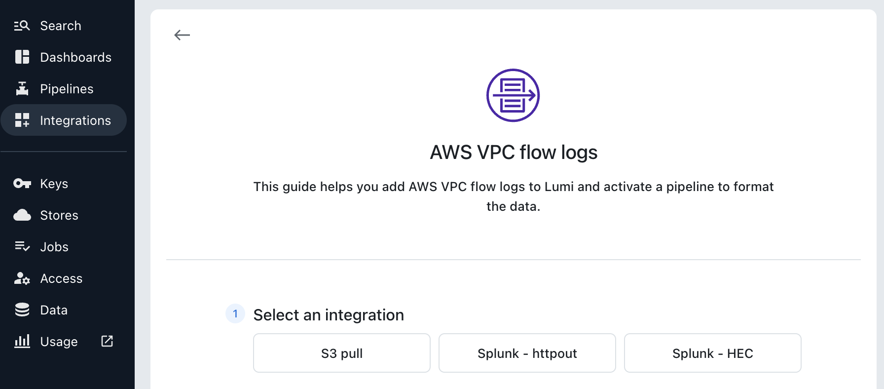 Imply Lumi Integrations page for AWS VPC flow logs, with the options S3 pull, Splunk httpout, and Splunk HEC.