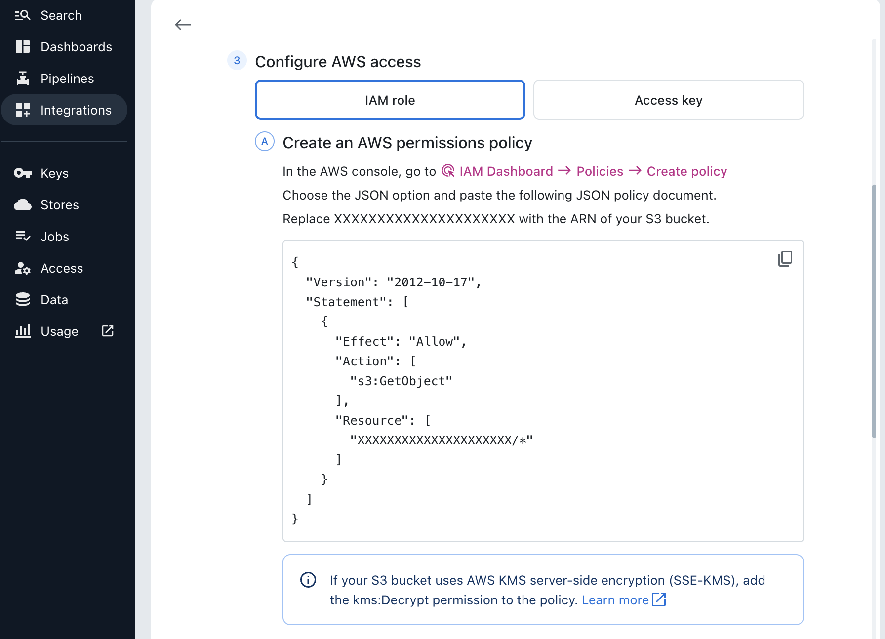 Imply Lumi Configure AWS access step with the IAM role option and a JSON permissions policy to paste into the AWS console.
