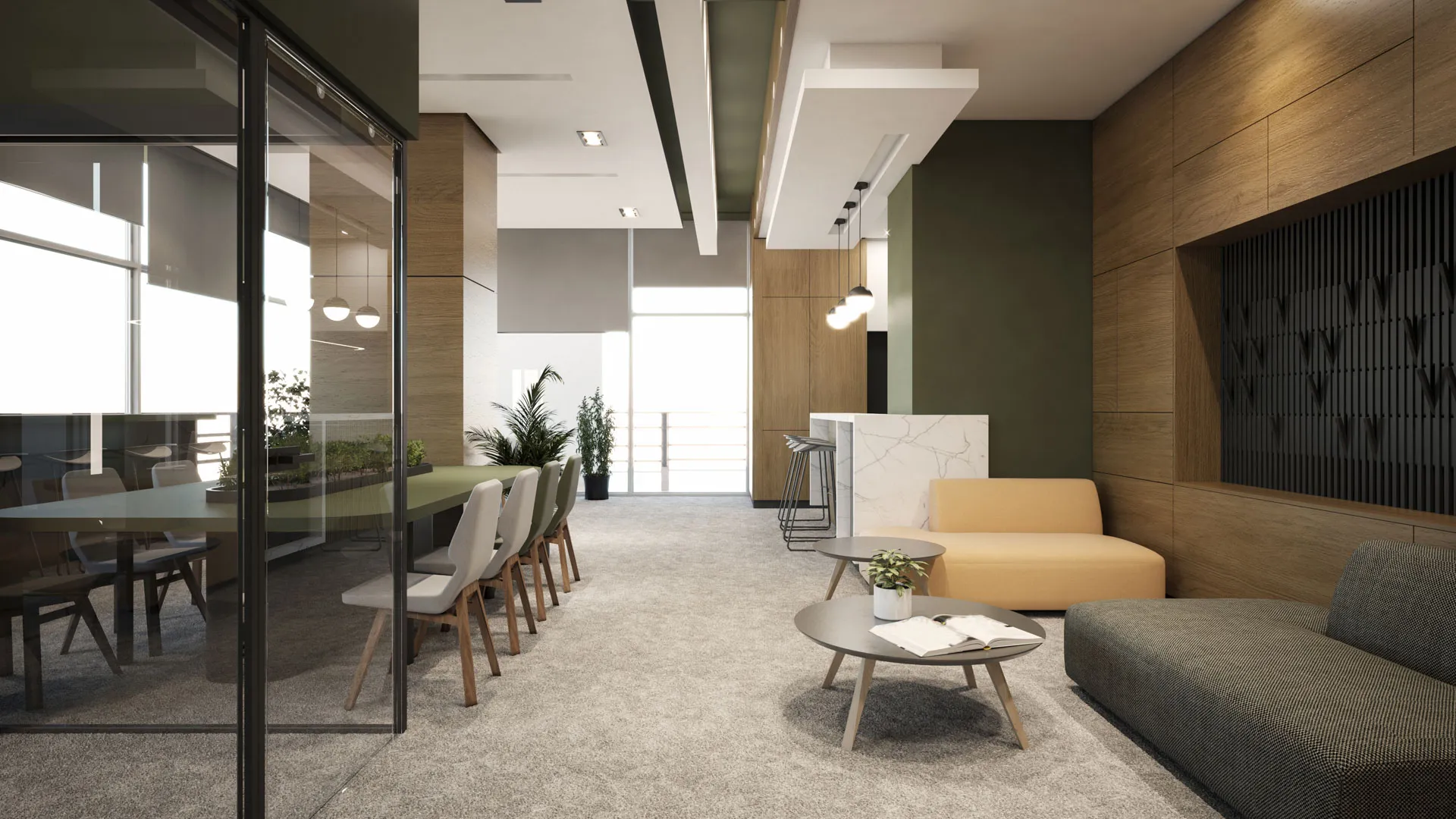 Commercial carpet flooring in an office breakout space