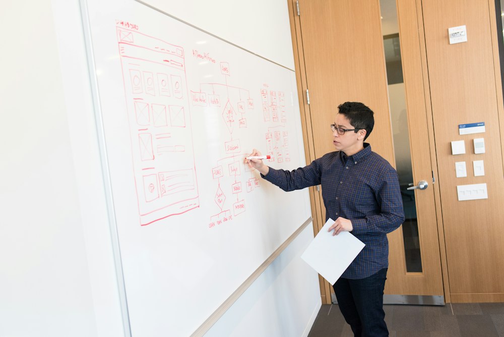 An engineer explaining a system design on a whiteboard