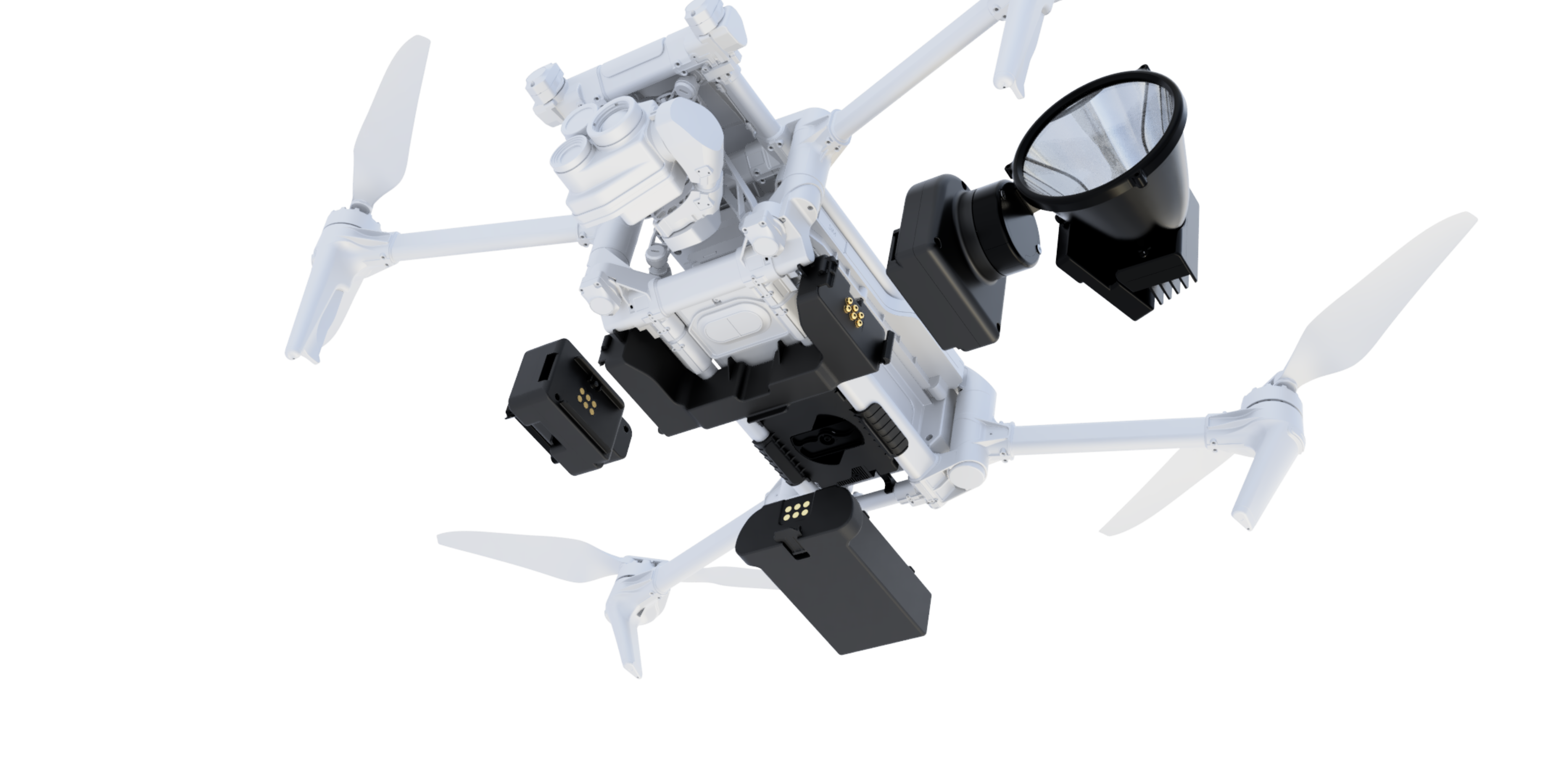 Tundra modular drone payload system with spotlight and mission modules mounted on a professional drone