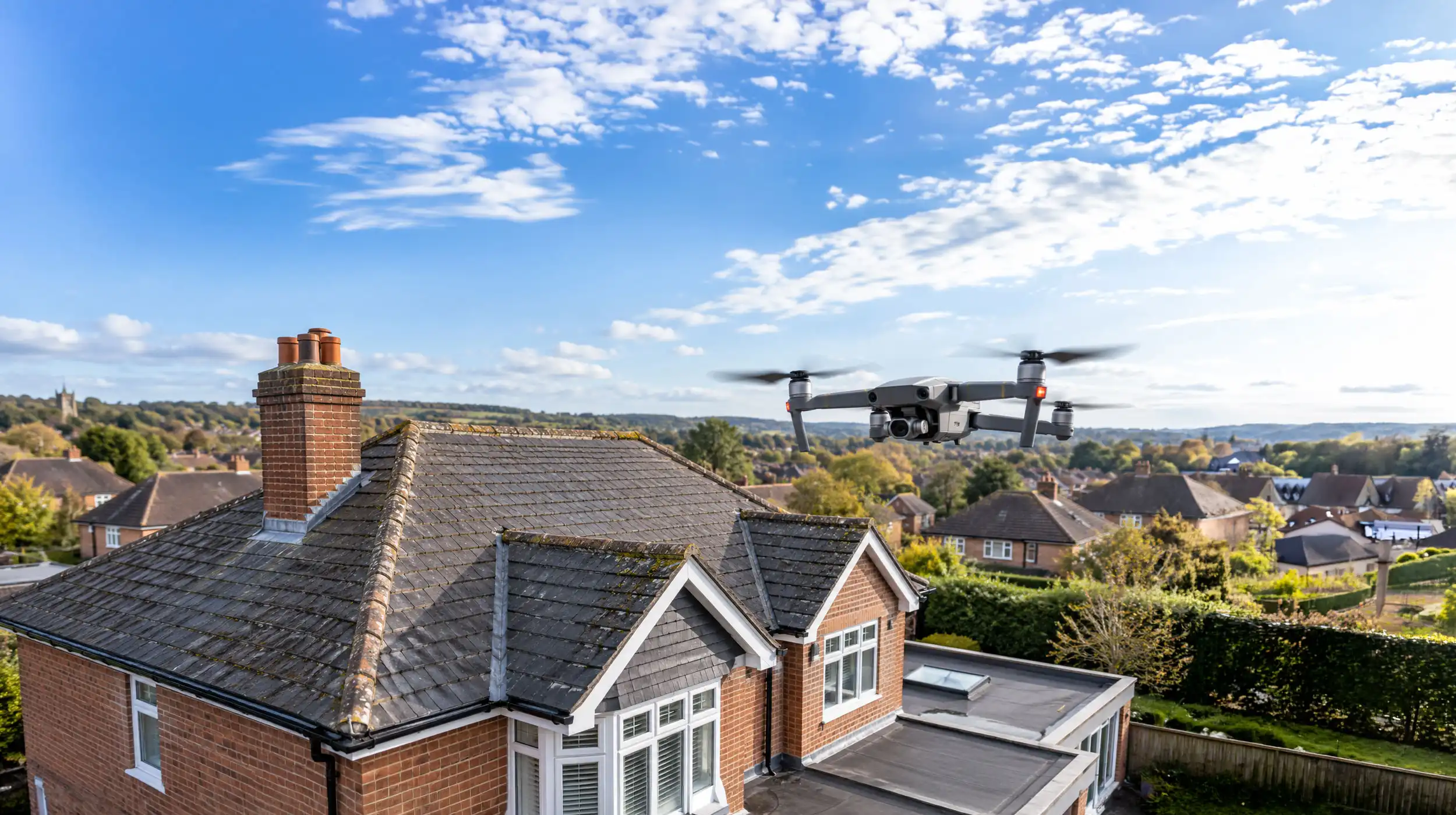 Drone conducting a 4K aerial roof inspection over a traditional UK brick house with slate tiles, chimney, and surrounding suburban homes.