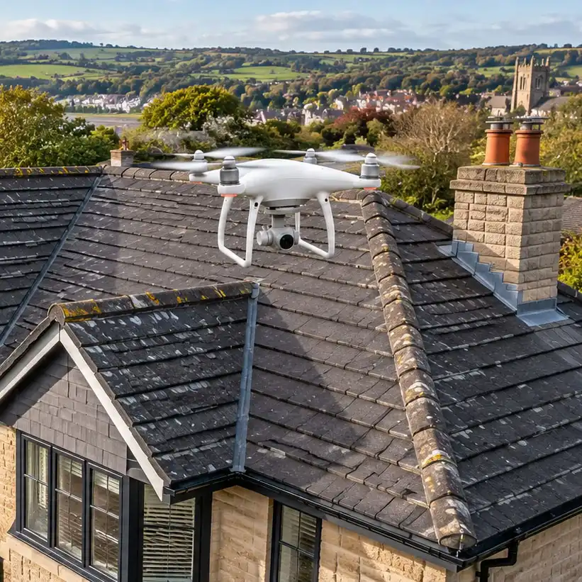 Bird’s-eye view of a detached UK house showing the full roof layout, including pitched sections, ridges, valleys, chimney, and flat roof extension.