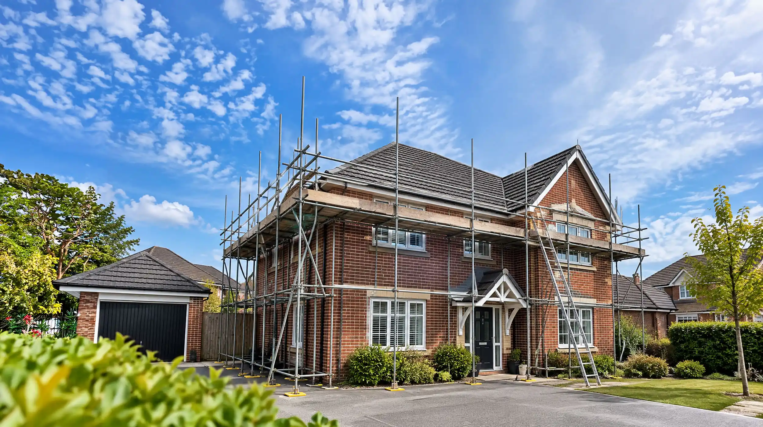 Scaffolded residential house with tiled roof undergoing roofing inspection and maintenance work