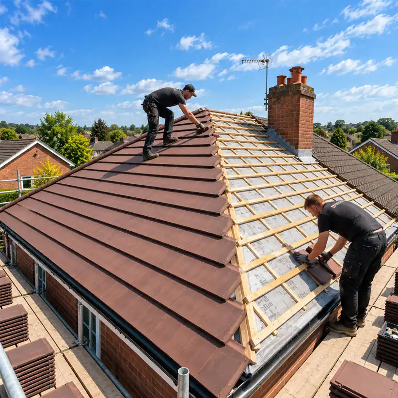 Multiple roofers installing brown roof tiles on a scaffolded residential house during roofing replacement