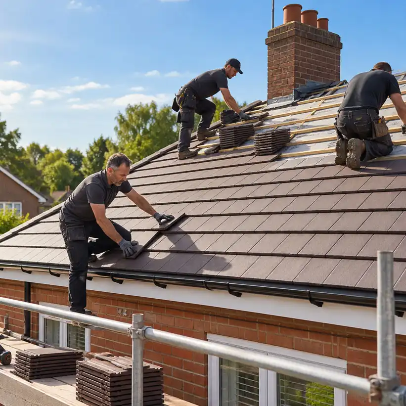 Multiple roofers installing brown roof tiles on a scaffolded residential house during roof replacement work