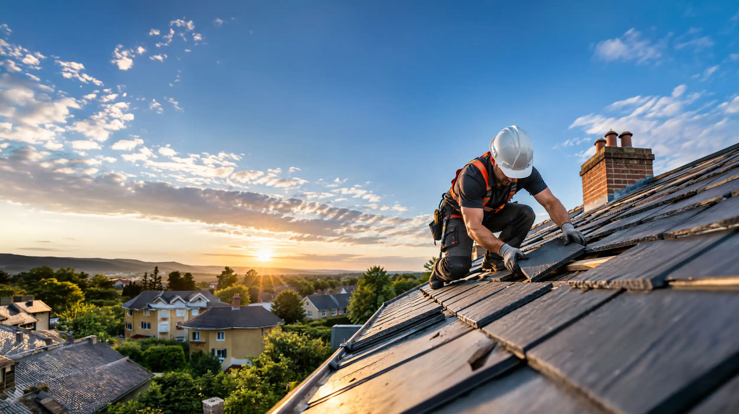 Roofer repairing slate roof at sunset, fixing broken tiles and leaks on a residential property, wide 21:9 cinematic view, professional roofing work in progress