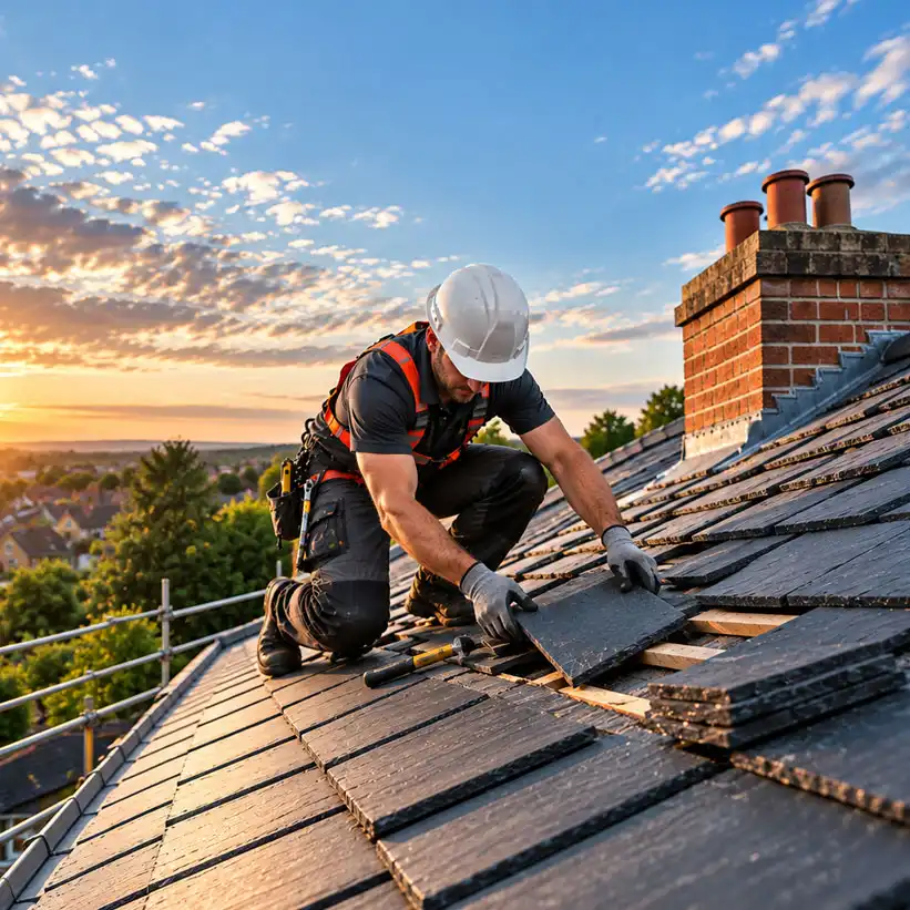 Wide-angle view of a roofer installing slate tiles on a pitched roof at sunset, with surrounding houses, scaffolding, and sky visible, showing professional roof repair work in progress