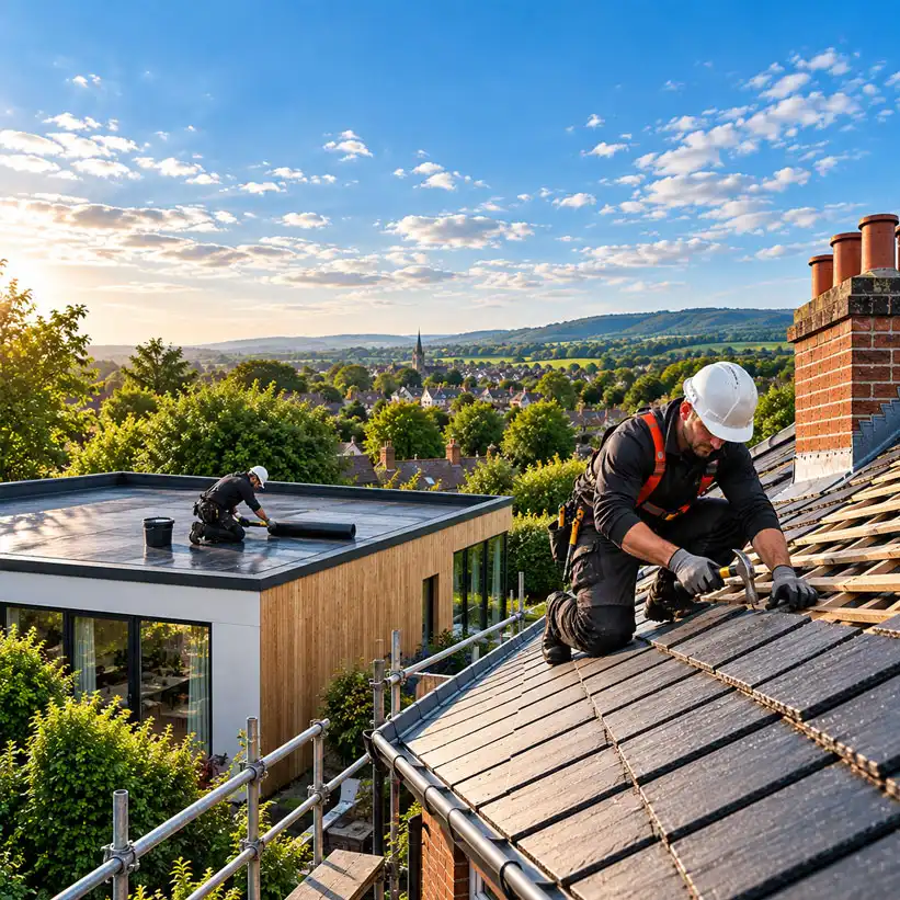 Two roofers repairing slate and flat roofs on a residential property, with scaffolding, tools, and a wide view of surrounding homes and countryside under a clear sky