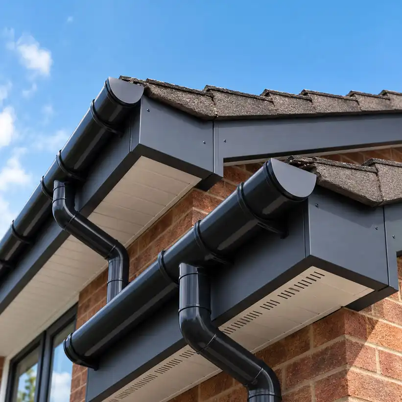 Close-up of modern roofline with black guttering, white soffits, and brick exterior under a clear sky