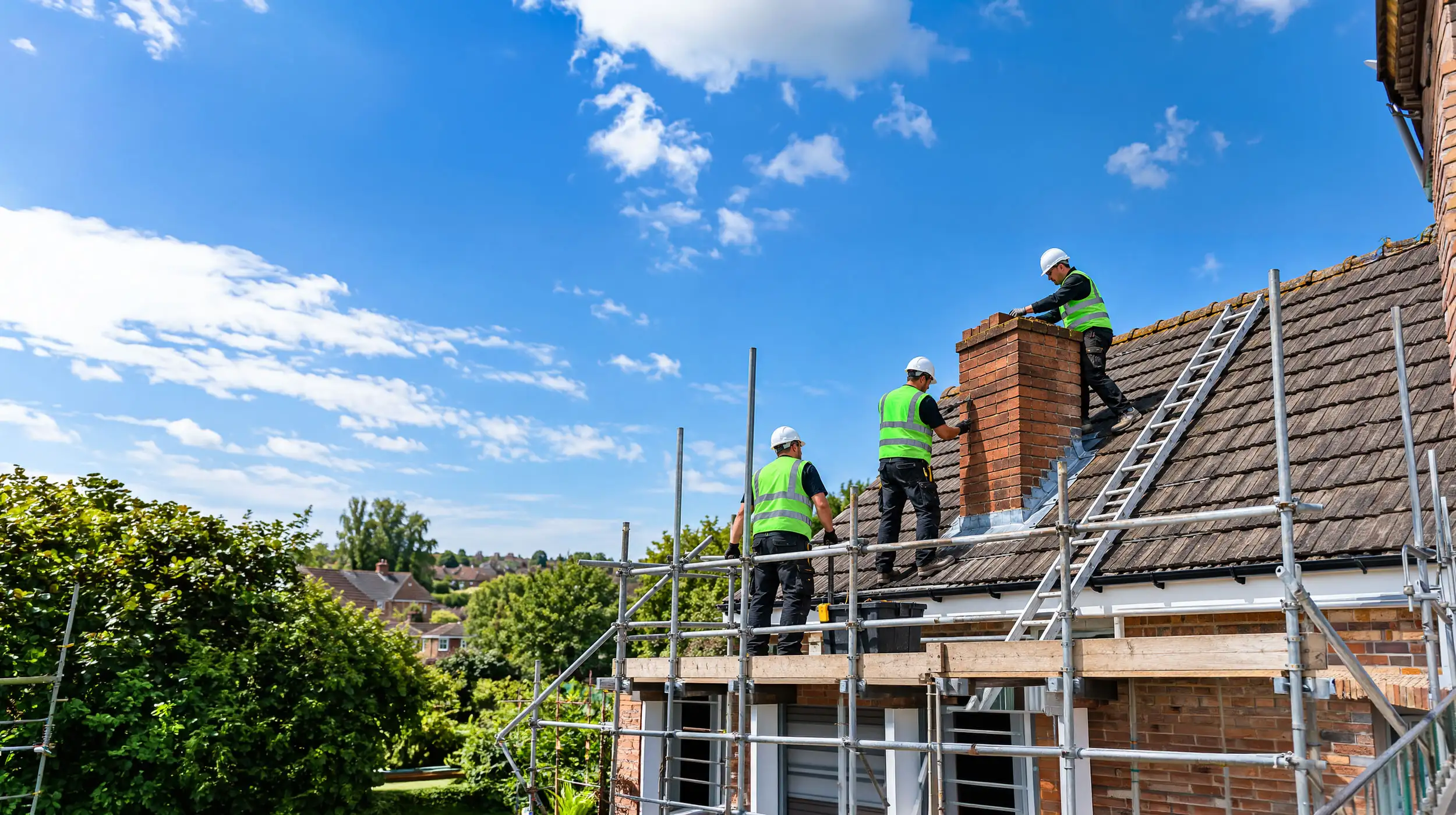 Wide-angle rooftop scene with three workers in green safety vests repairing a brick chimney, surrounded by scaffolding, ladders, and tiled roofing under a clear blue sky