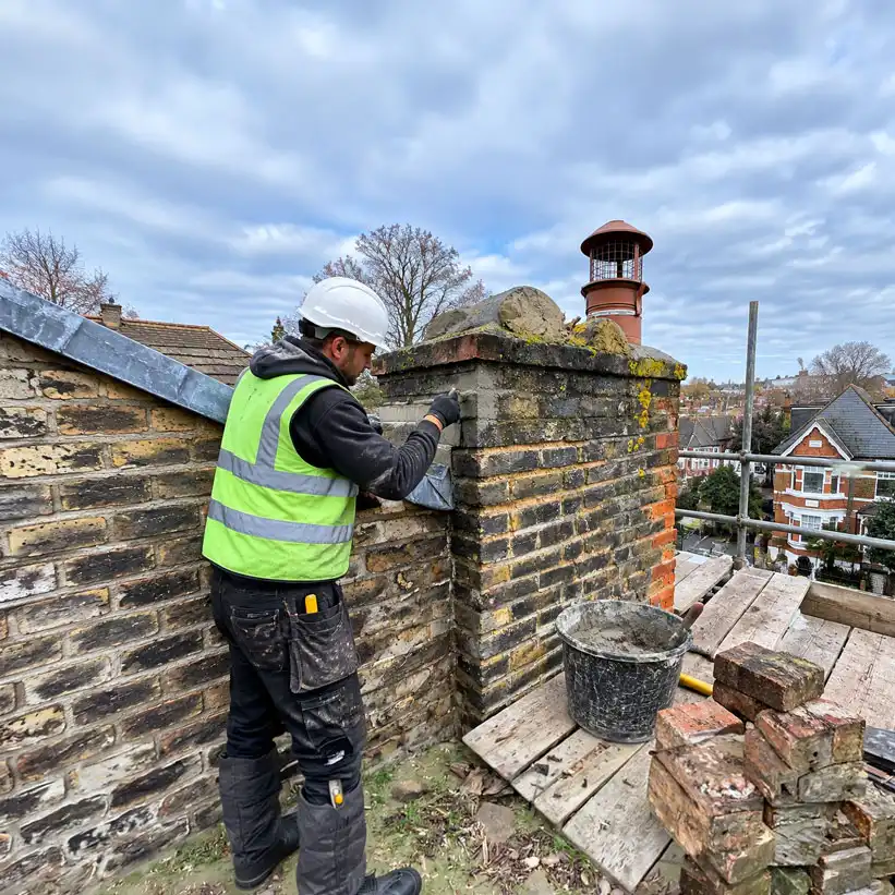 Worker repairing a weathered brick chimney on rooftop scaffolding with tools, mortar, and residential houses in the background under a cloudy sky