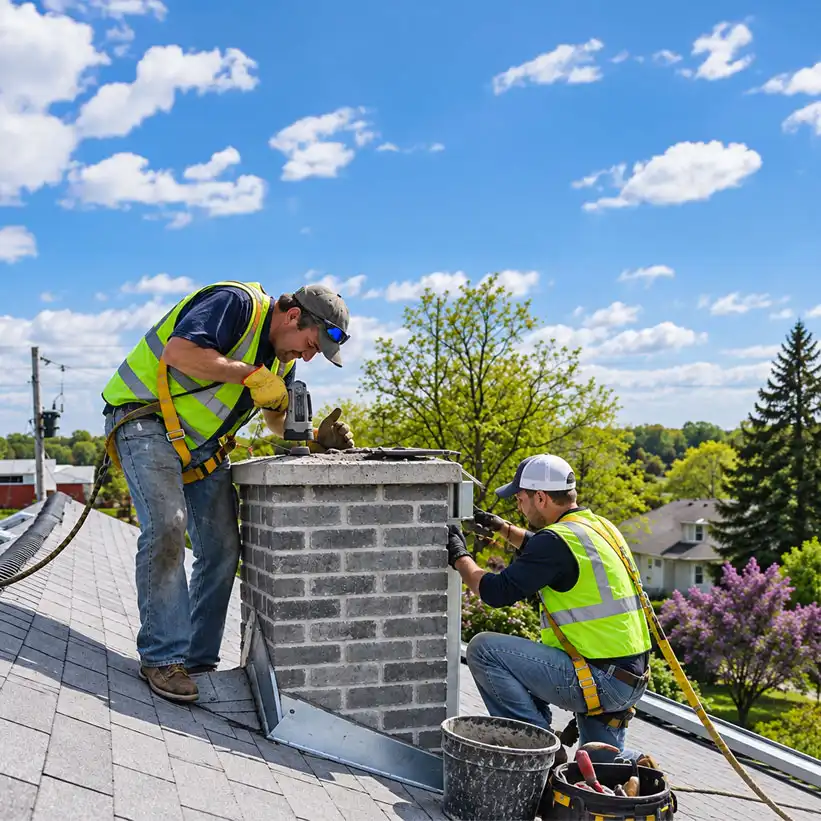 Two workers in green safety vests repairing a gray brick chimney on a rooftop with tools and suburban homes in the background under a clear sky