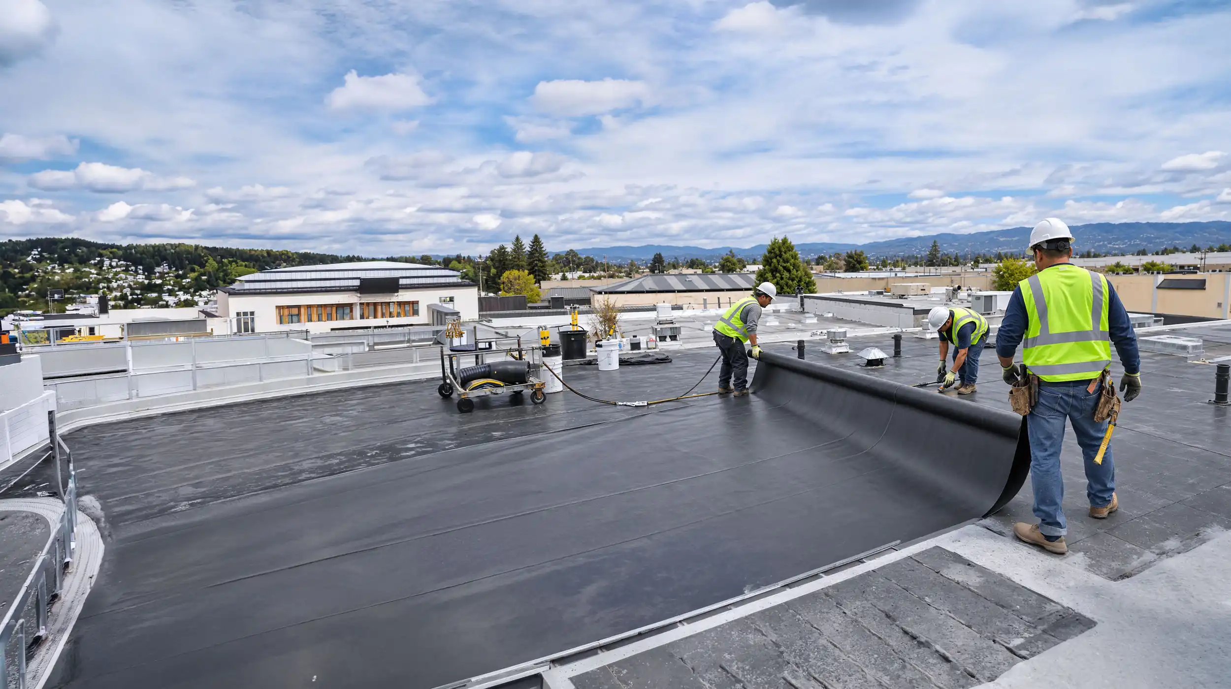 Wide-angle view of three workers in green safety vests and white hard hats installing a black flat roofing membrane on a commercial rooftop with tools, vents, and distant hills under a cloudy sky