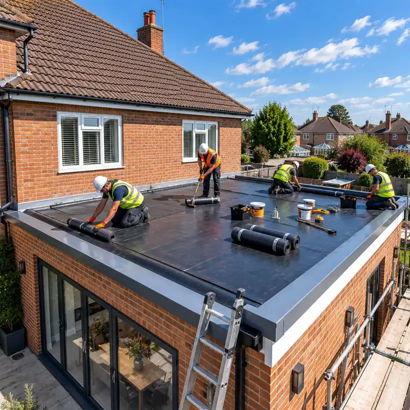 Wide-angle view of multiple workers installing a flat roof membrane on a residential extension, with scaffolding, ladders, tools, and surrounding suburban homes under a clear sky