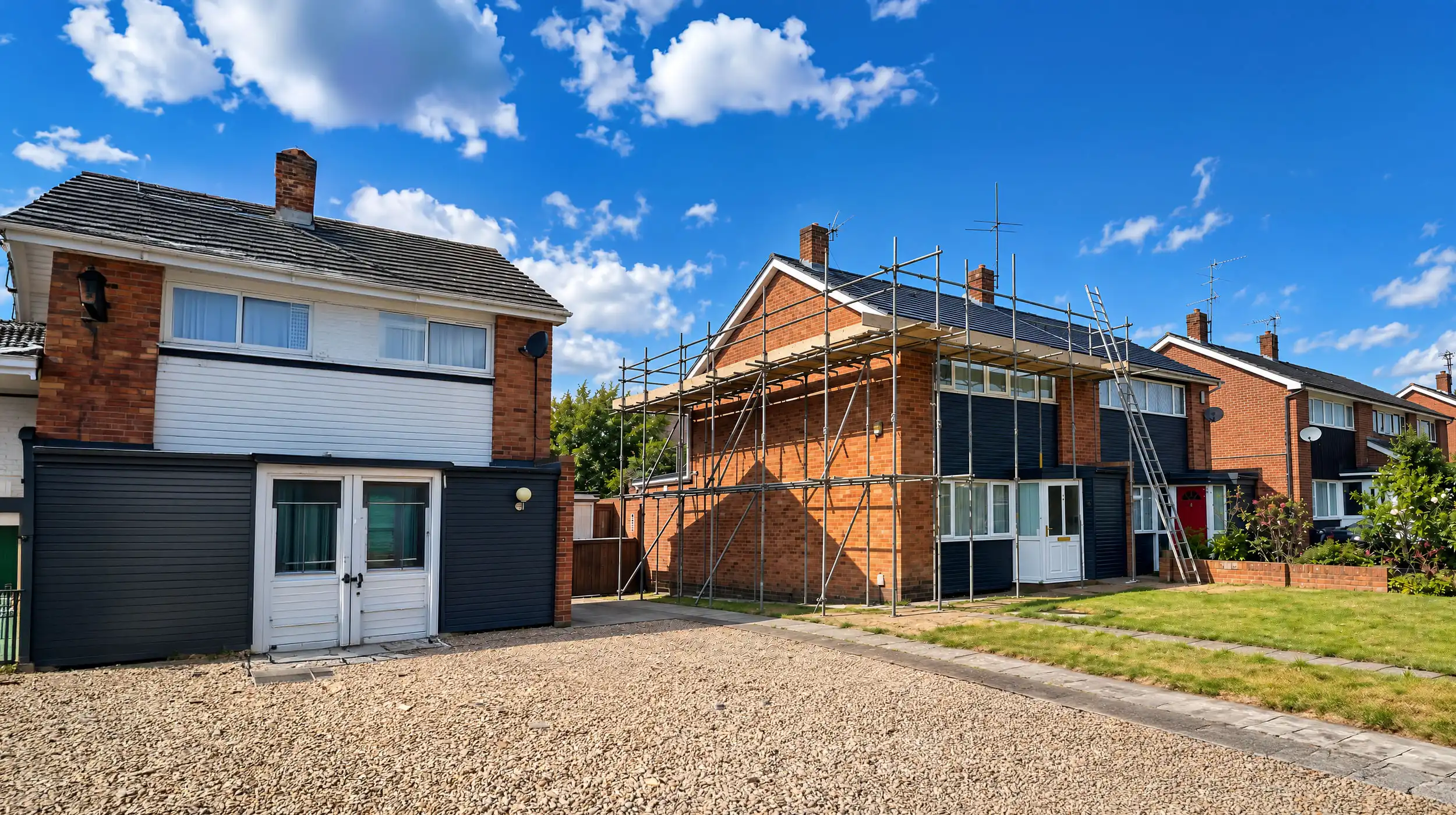 Wide-angle view of a residential house under renovation with scaffolding, featuring a dark blue-grey roof, clear driveway, and surrounding suburban homes under a bright sky