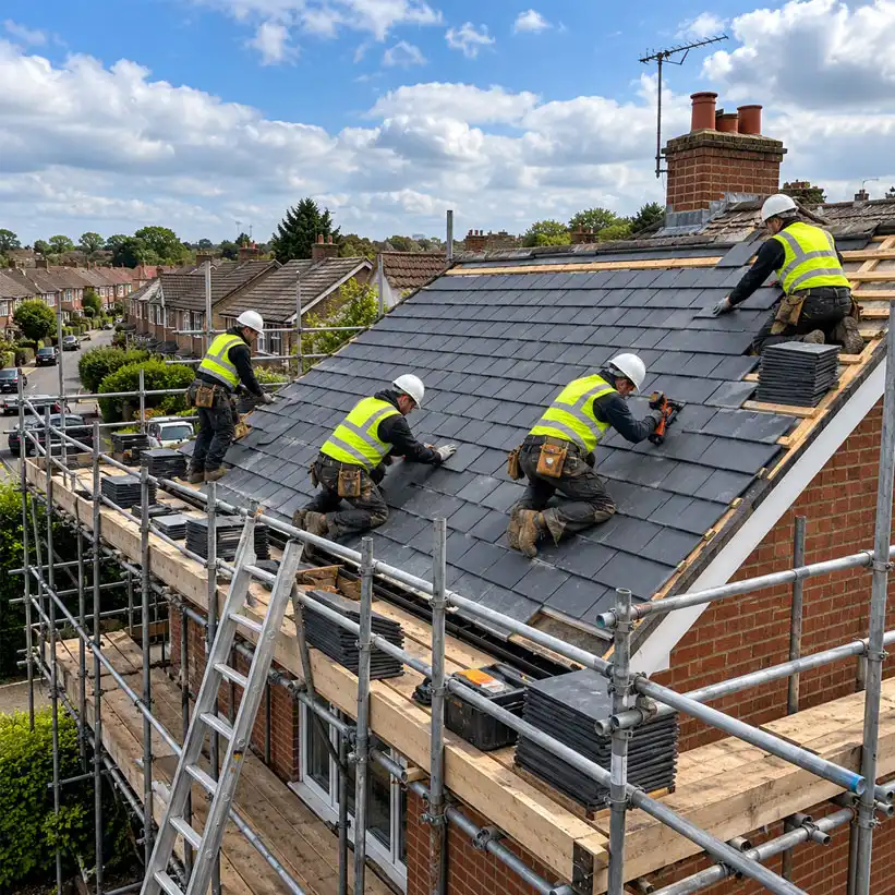 Wide-angle view of four roofers in white hard hats and high-visibility vests installing slate tiles on a pitched roof, surrounded by scaffolding, ladders, and stacked materials in a suburban neighborhood