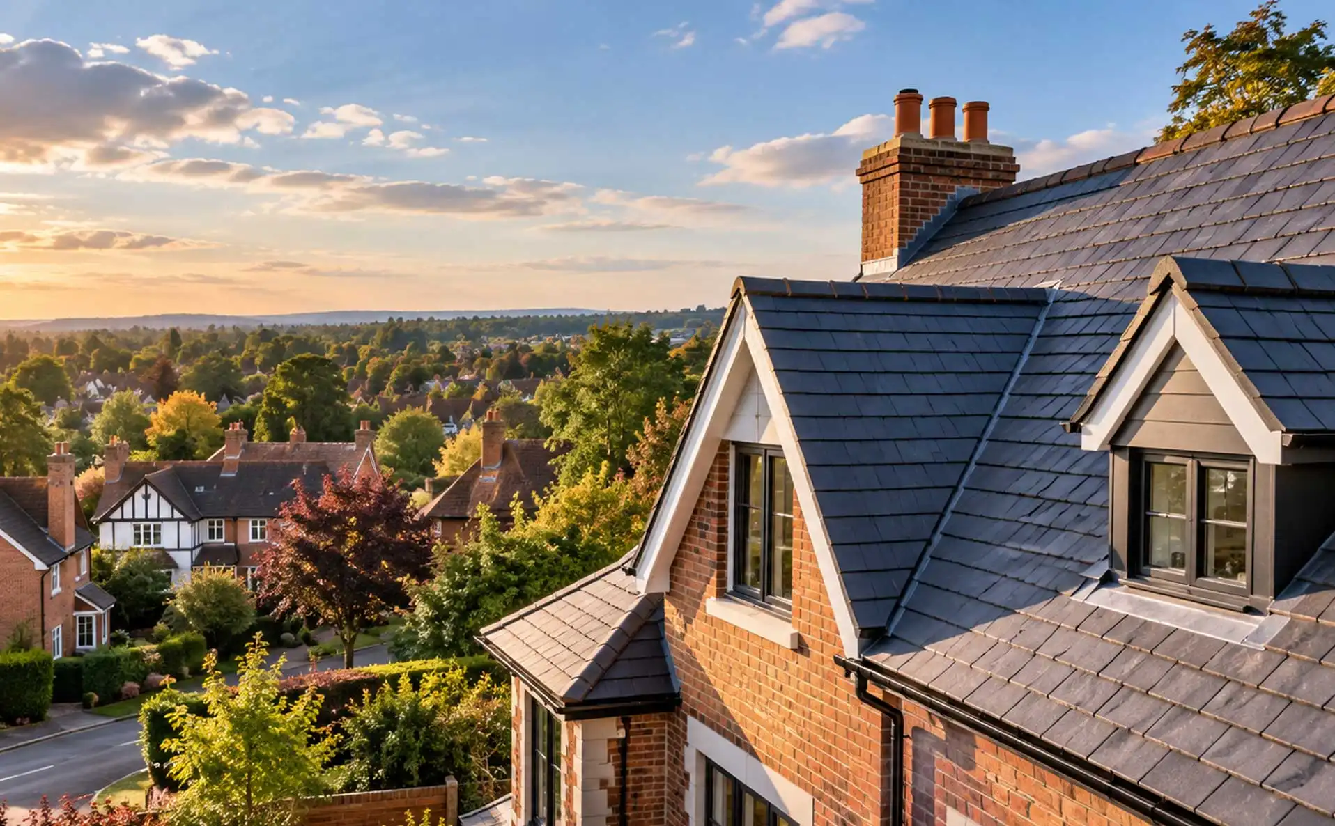 Roofer in full safety gear inspecting a moss-covered roof in Wokingham, lifting tiles to reveal hidden damage, with suburban homes and trees in the background.