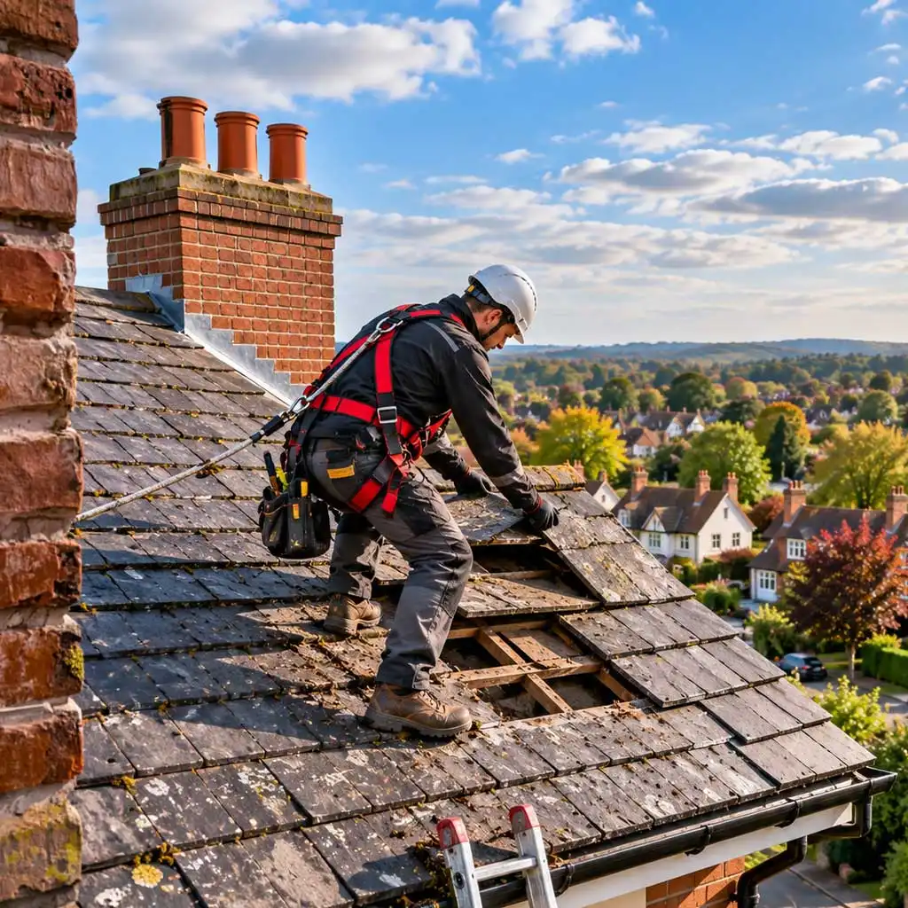 Full-body roofer with safety harness repairing a worn slate roof, lifting tiles to expose underlying structure, overlooking residential homes in Wokingham.