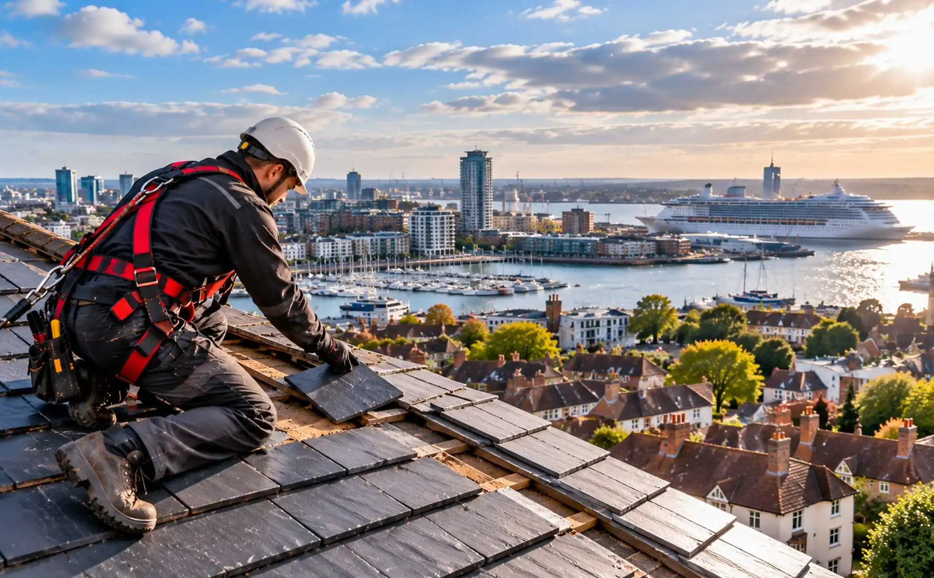 Roofer installing slate tiles on a residential roof in Southampton, wearing safety harness, with marina, waterfront, and cruise ship visible in the background.