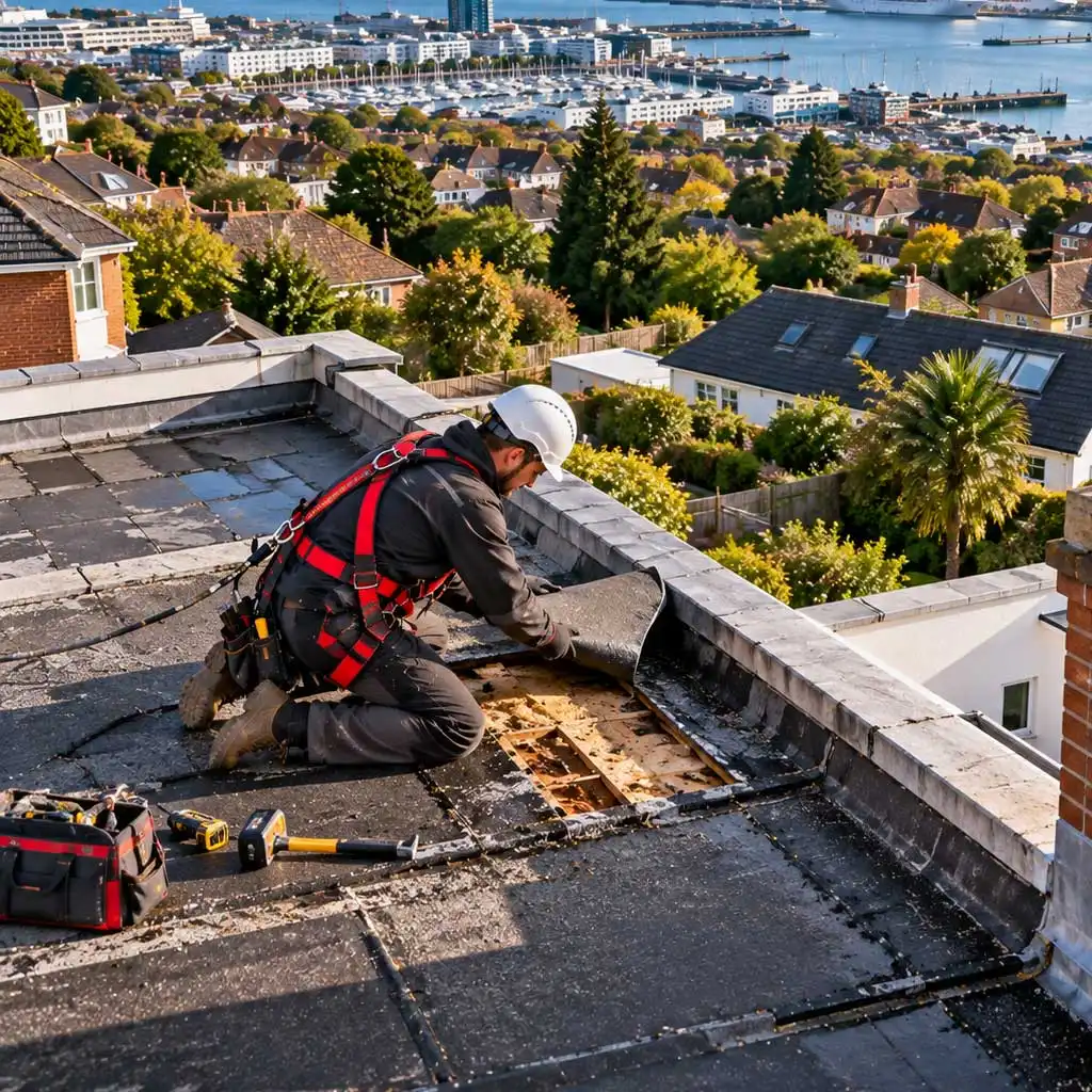 Full-body roofer in safety harness repairing a flat roof, lifting damaged membrane to inspect underlying structure, overlooking Southampton coastal homes and harbor.