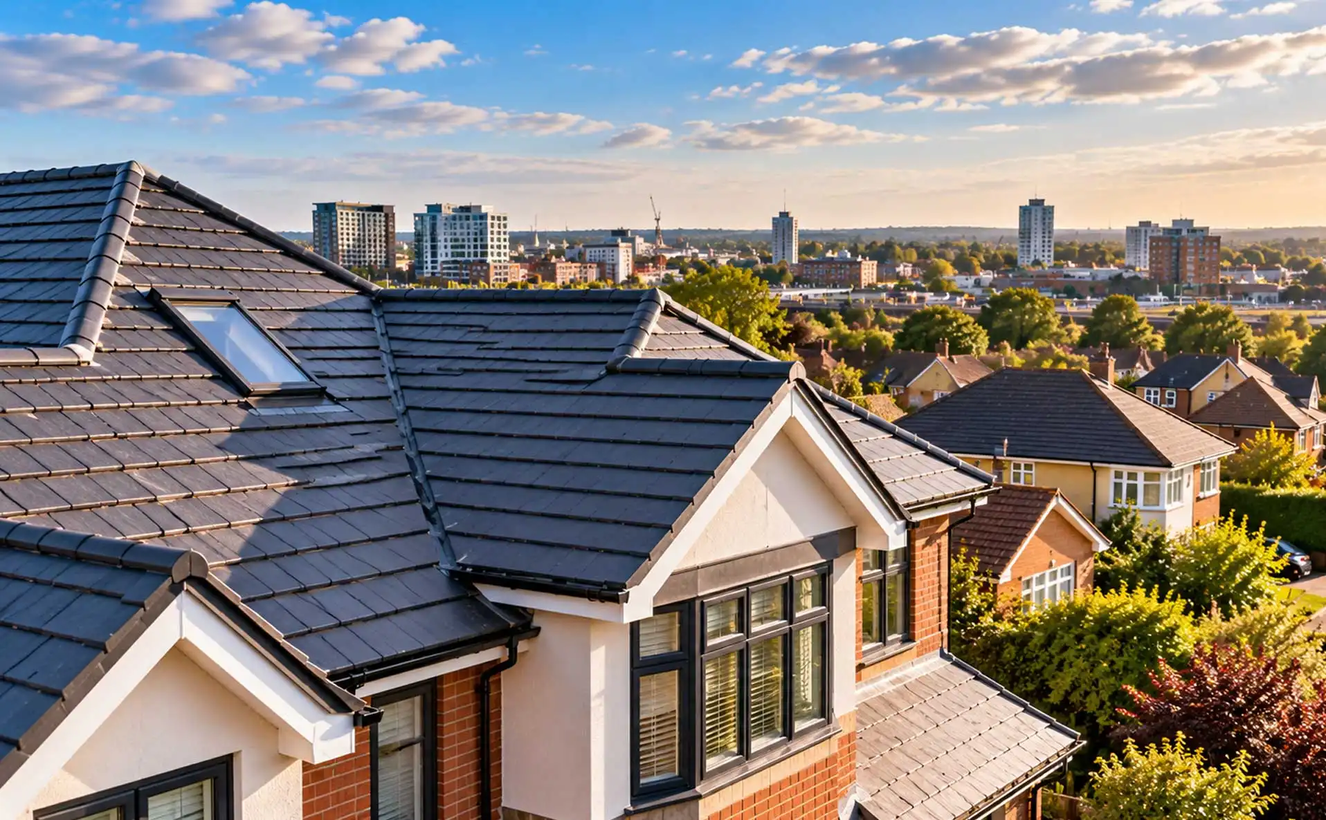 Wide-angle view of modern tiled roofs in Slough residential area, showing clean lines, skylights, and surrounding suburban homes under clear sky.