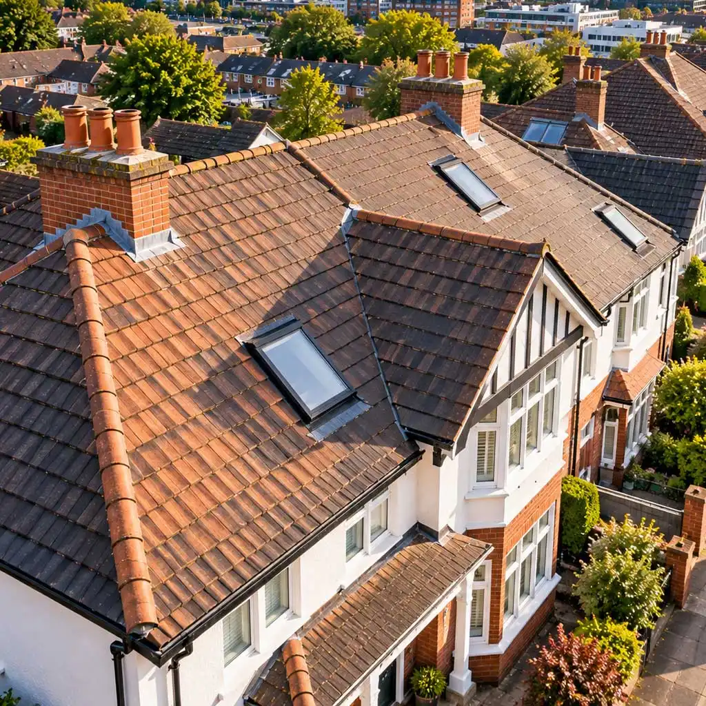 High-angle aerial view of tiled residential roofs in Slough, showing multiple chimneys, skylights, and surrounding suburban homes with city buildings in the distance.