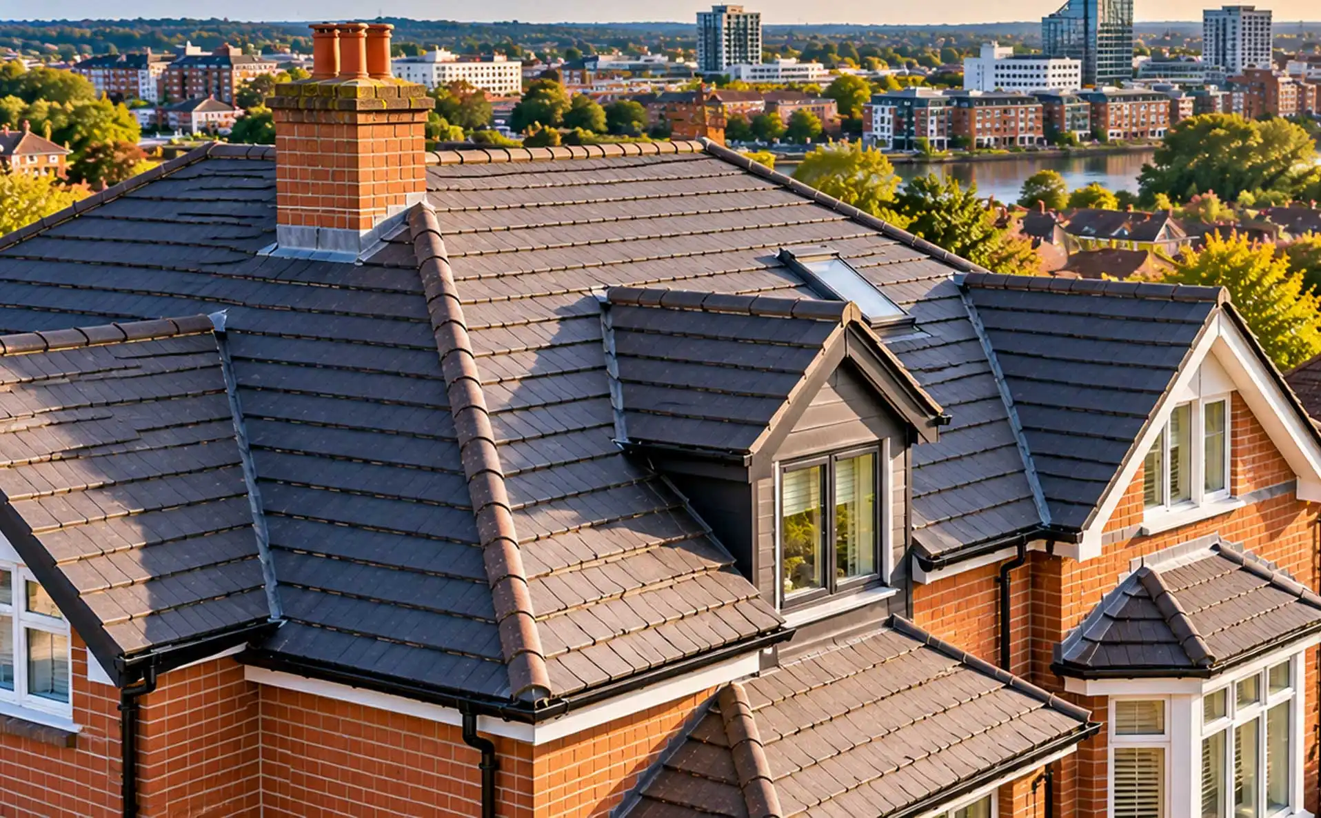 Wide-angle view of modern tiled roofs in Reading residential area with chimneys, skylights, and riverfront cityscape in the background.