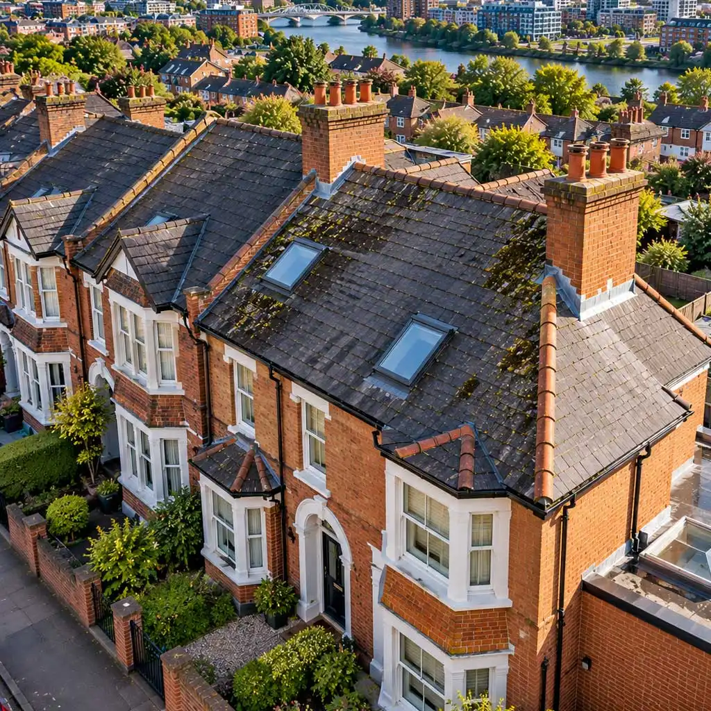 High-angle aerial view of a Victorian brick house in Reading with moss-covered slate roof, chimneys, skylights, and flat roof extension, surrounded by dense residential housing and riverfront skyline.