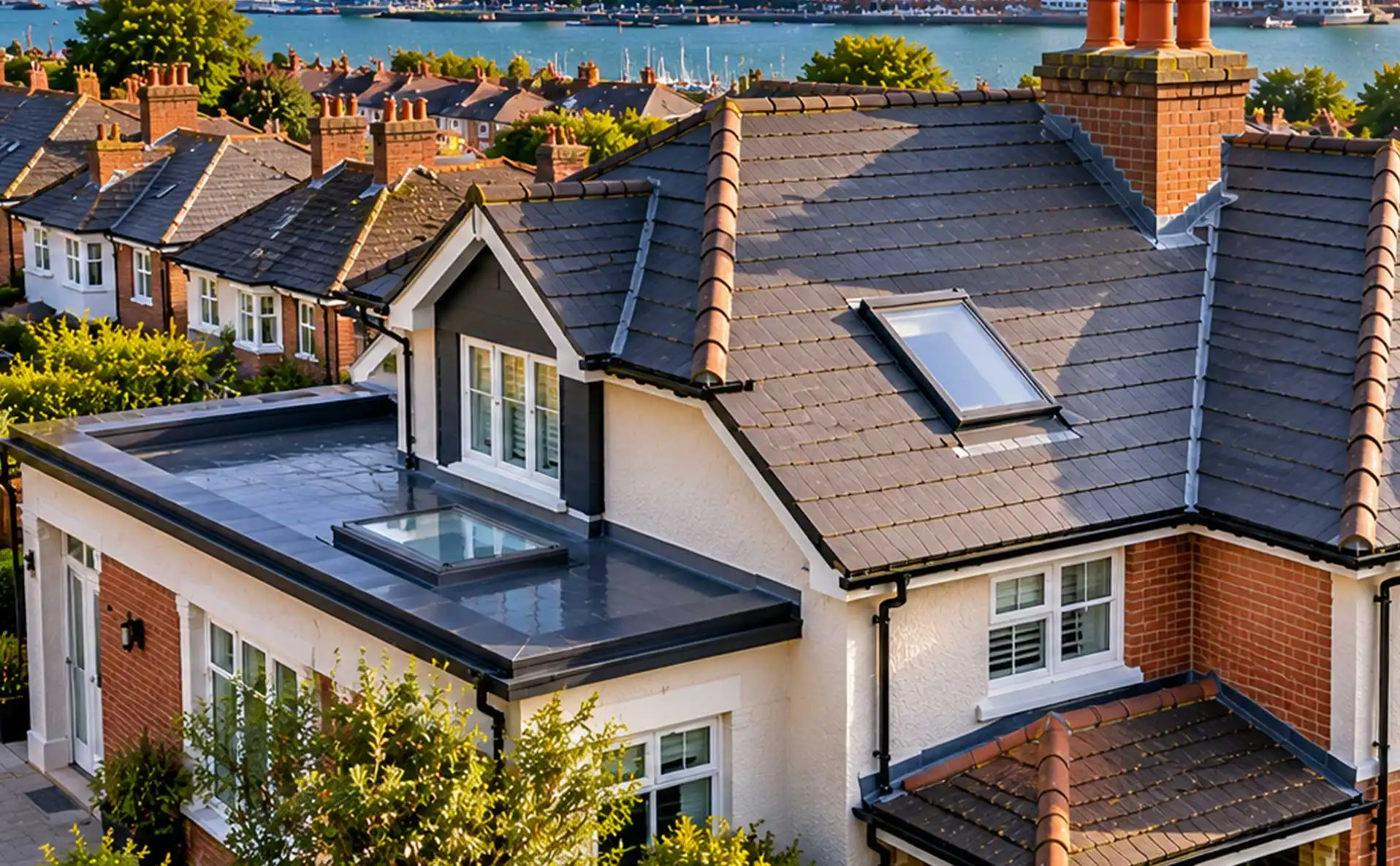 Left-side rooftop view of residential homes in Portsmouth with tiled roofs, chimneys, dormers, and flat roof extension overlooking harbor, marina, and coastal skyline under clear sky.