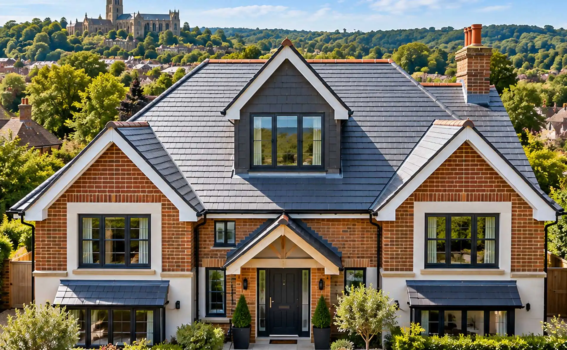 Centered modern brick house with dark slate roof in Guildford, overlooking a green hillside town with cathedral in the background under a clear blue sky