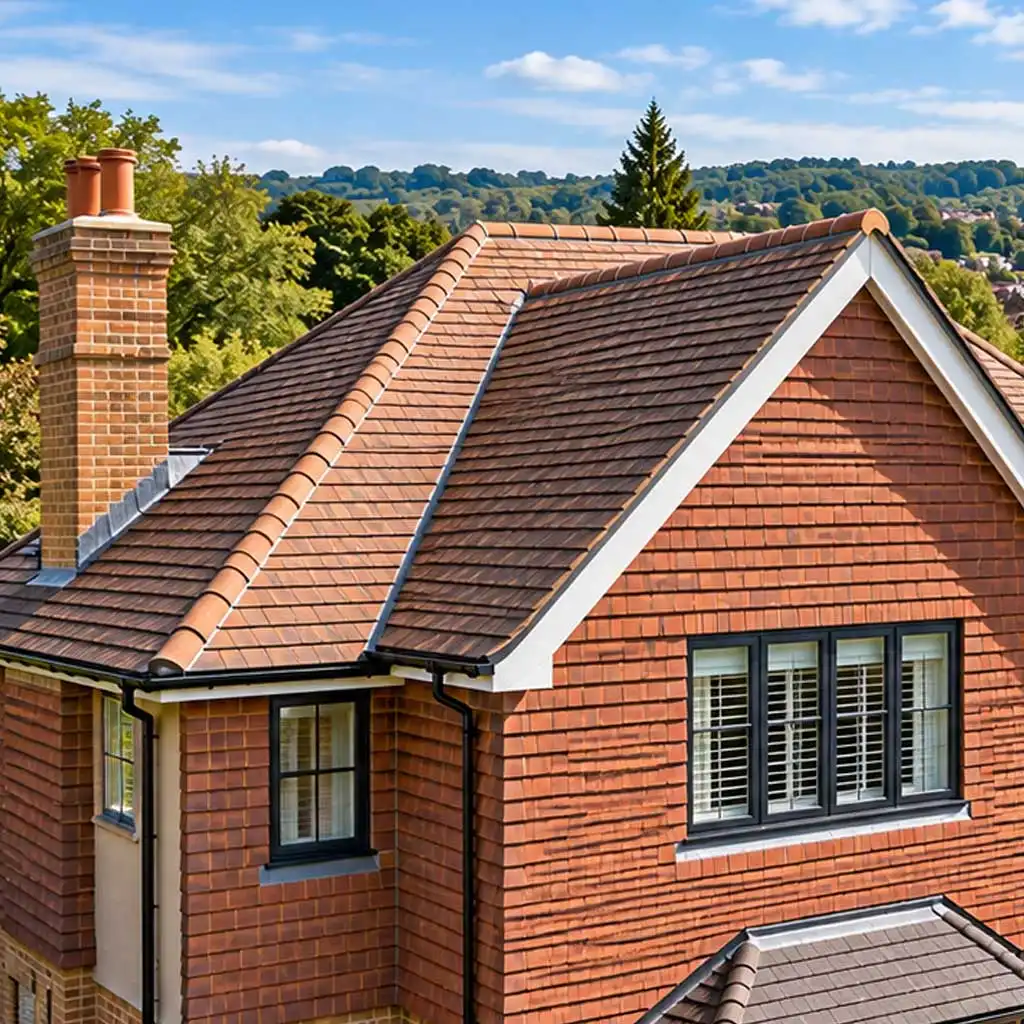 Detached Guildford home with tile-hung gables and pitched roof, viewed from an elevated angle, highlighting upper wall tiles and roof distinction against a green hillside backdrop