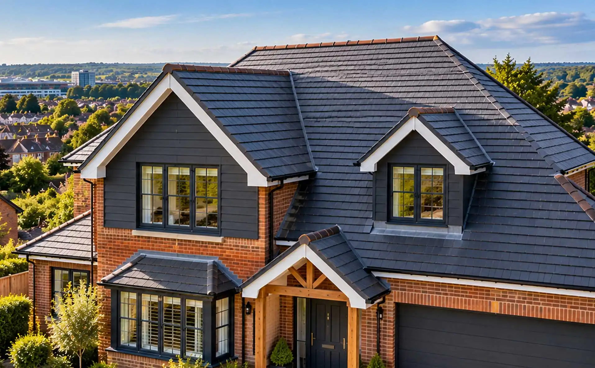 Aerial view of a Farnborough home with pitched roof and flat roof extension showing water pooling, skylight, and early signs of roofing issues