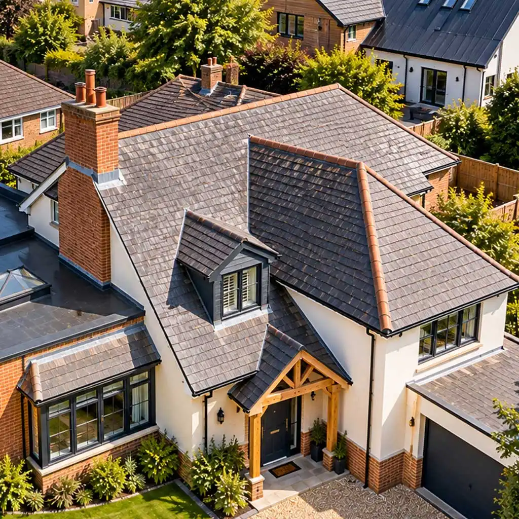 Aerial view of mixed Farnborough homes with varied roof structures, including pitched roofs, flat extensions, chimneys, and guttering across a suburban neighborhood