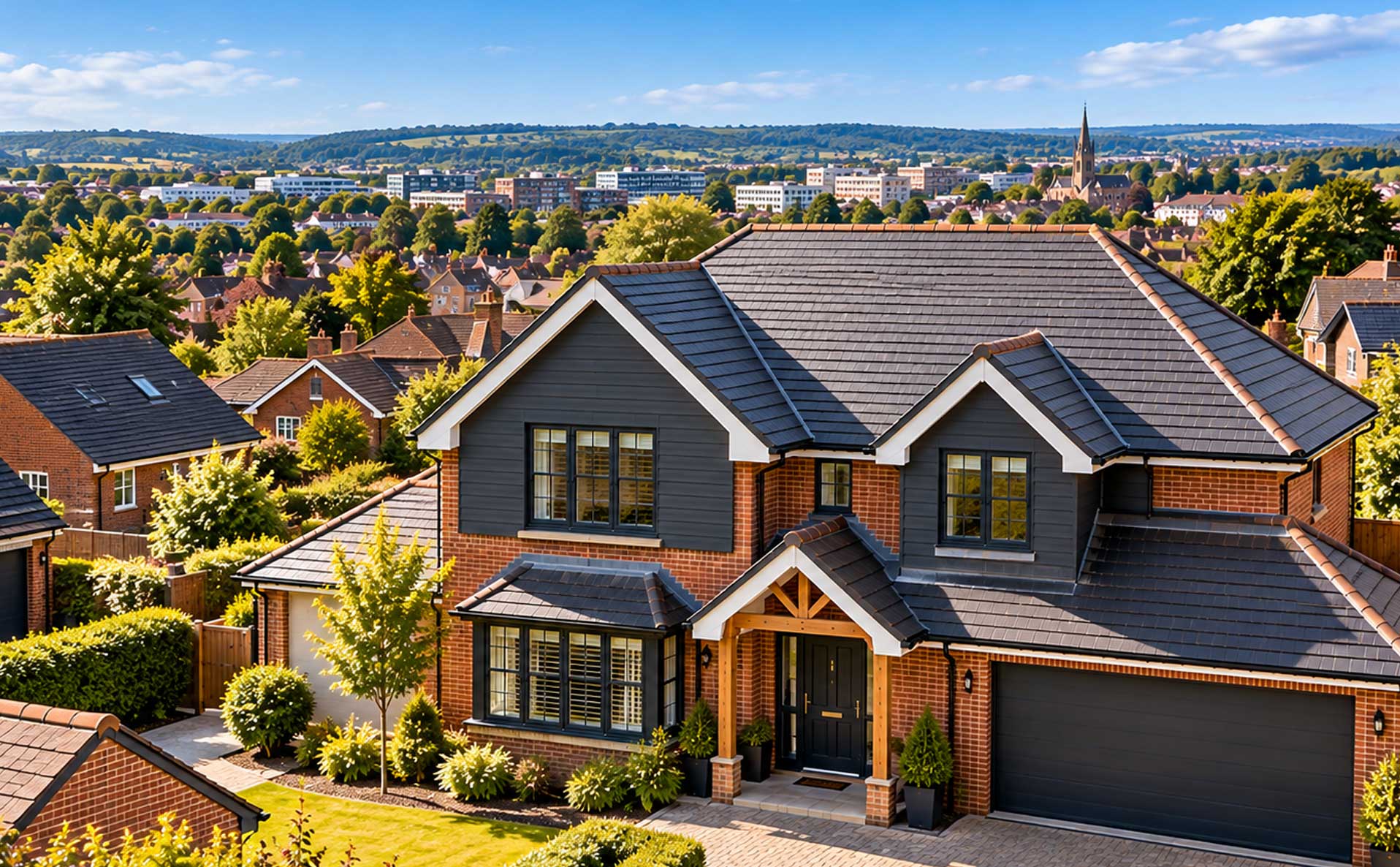 Detached brick home in Basingstoke with dark tiled pitched roof and garage, set in a landscaped suburban neighborhood with town skyline in the background under clear blue skies
