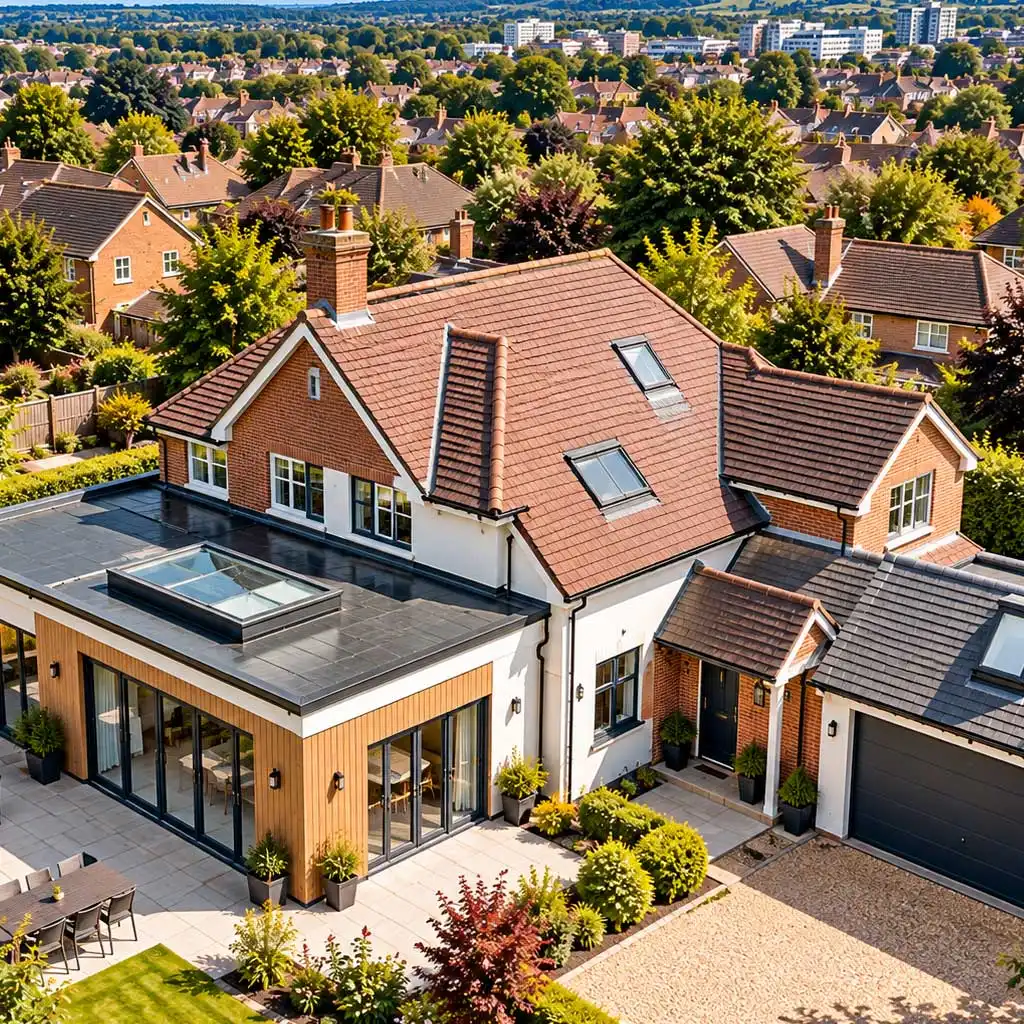 Aerial view of a modern Basingstoke home with mixed pitched tile roof and flat roof extension, featuring skylights, chimney, and landscaped garden within a suburban neighborhood