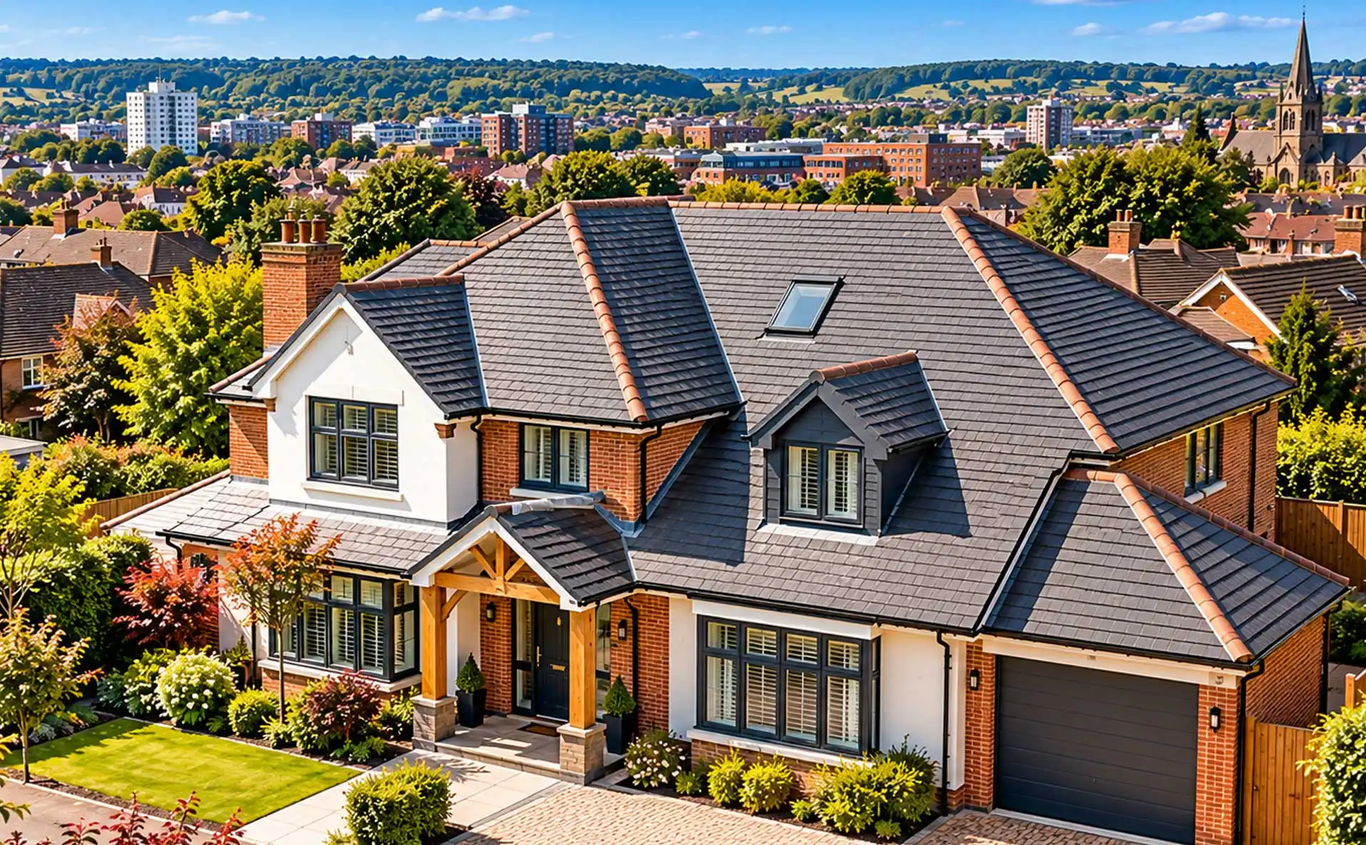Detached brick home in Aldershot with dark tiled pitched roof and skylight, set among leafy suburban streets with town centre and church spire in the background under clear skies