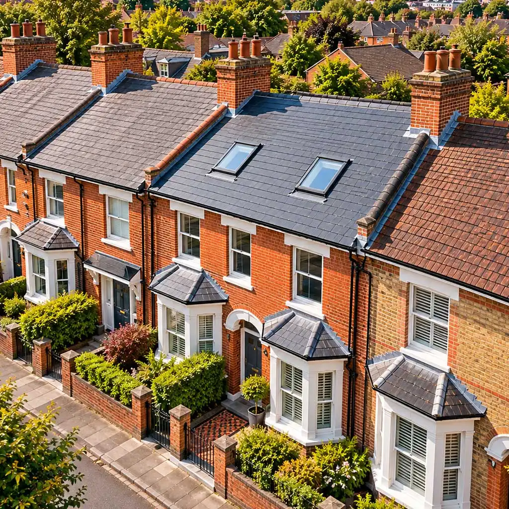 Aerial view of connected Aldershot terraced homes with pitched slate roofs, chimneys, and shared walls, highlighting uniform rooflines in a suburban setting under clear skies