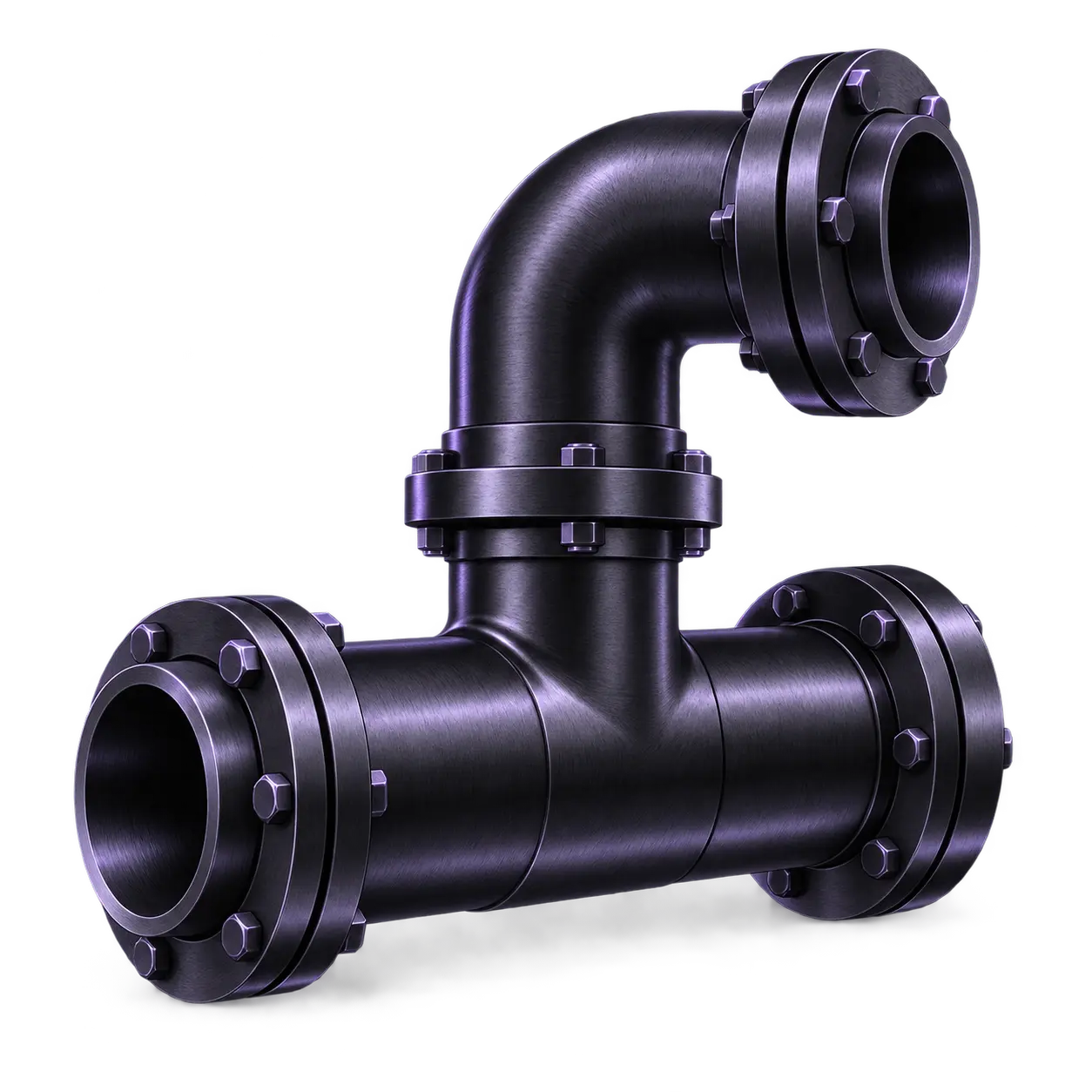 Black metal pipe fitting with three flanged openings and an angled vertical segment forming a T shape.