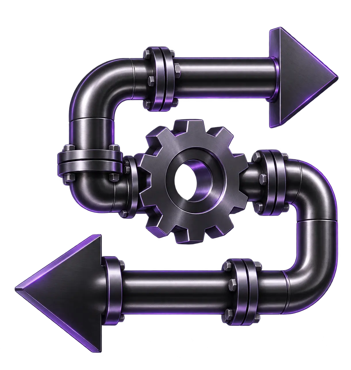 Metallic gear interlinked with two black industrial pipes with bolts, each ending in an arrow pointing in opposite directions, one left and one right.