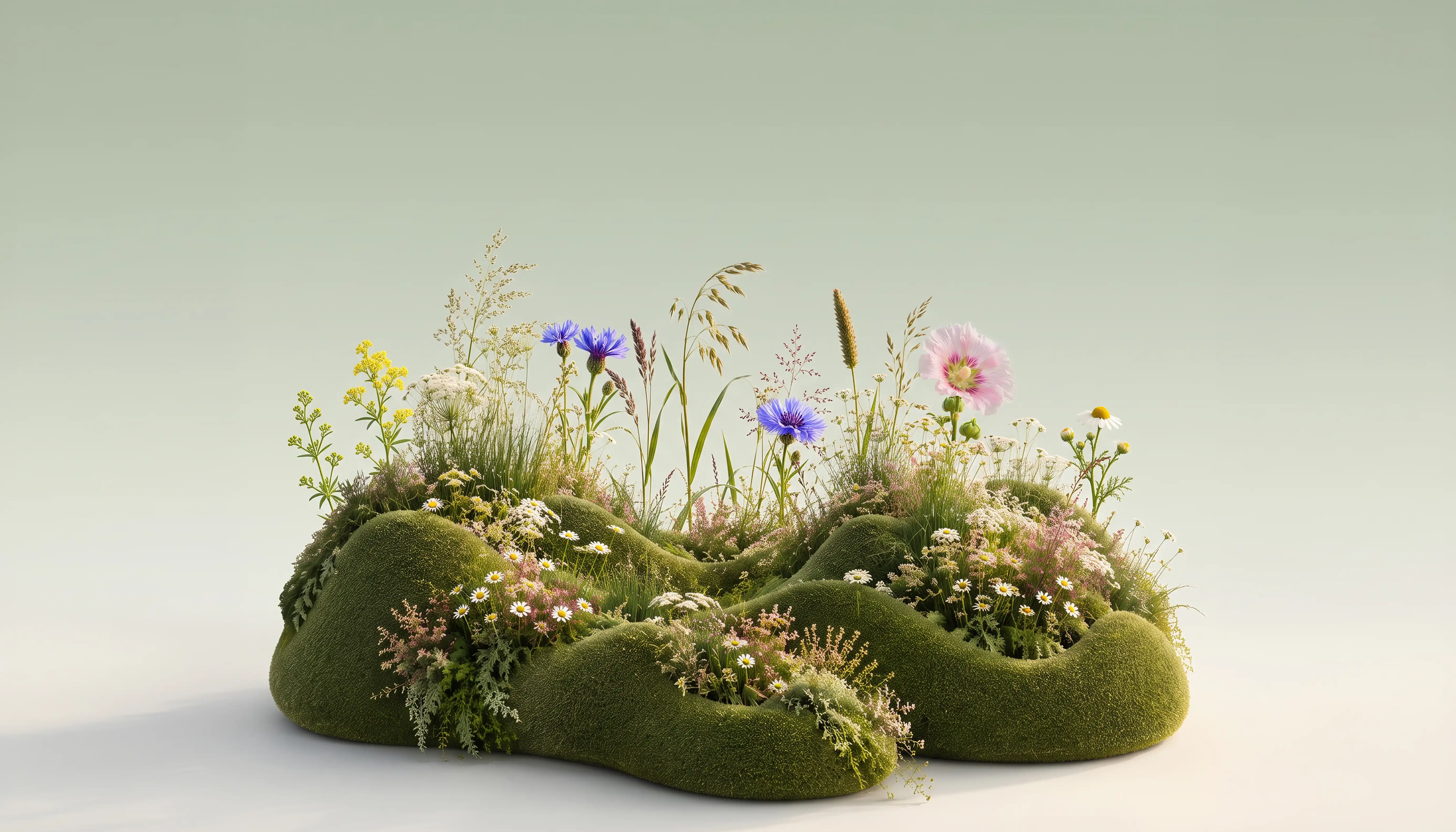 Et frodigt ølandskab af mos, bregner og blomster på en lys, dæmpet baggrund